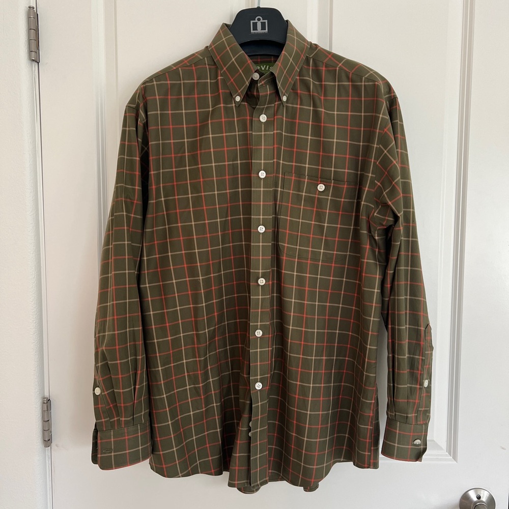Orvis Olive Green and Red Casual Plaid Button Down Shirt